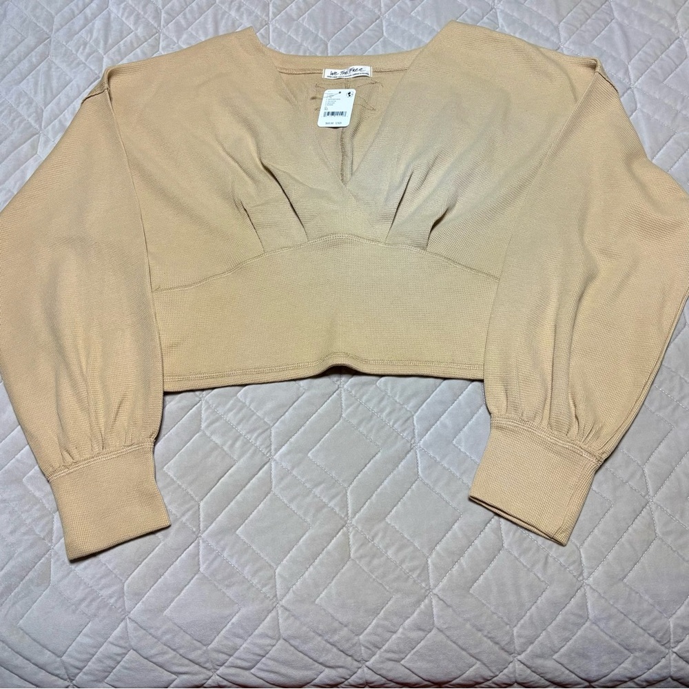 We The Free Tan Puff Sleeve Cropped Blouse
